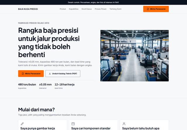 Tangkapan layar bagian atas rancangan company profile untuk Manufaktur dan supplier B2B