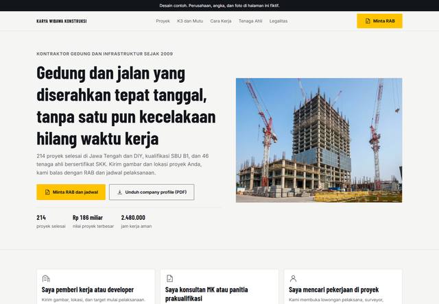 Tangkapan layar bagian atas rancangan company profile untuk Kontraktor dan konstruksi