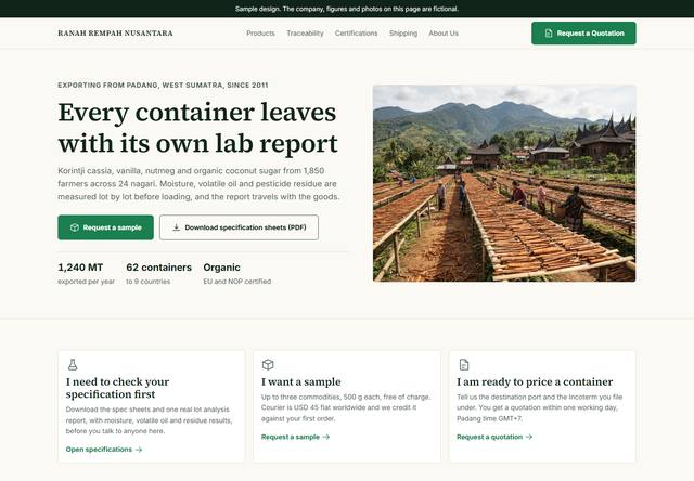 Tangkapan layar bagian atas rancangan company profile untuk Agribisnis dan eksportir