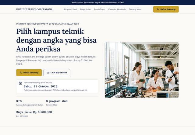 Tangkapan layar bagian atas rancangan company profile untuk Perguruan tinggi