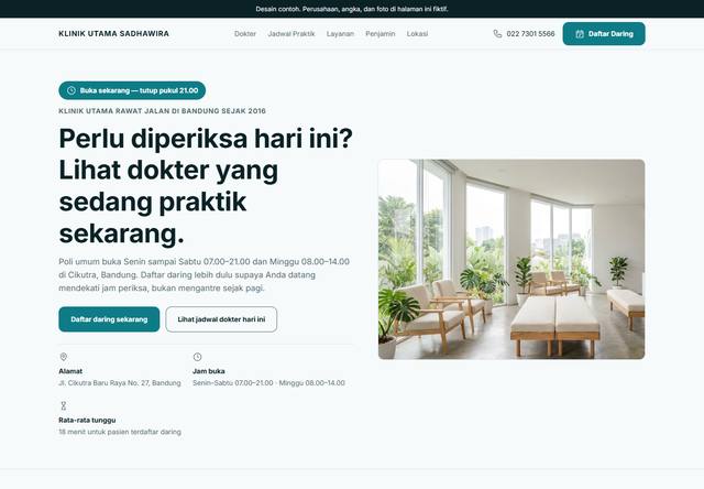 Tangkapan layar bagian atas rancangan company profile untuk Klinik dan layanan kesehatan