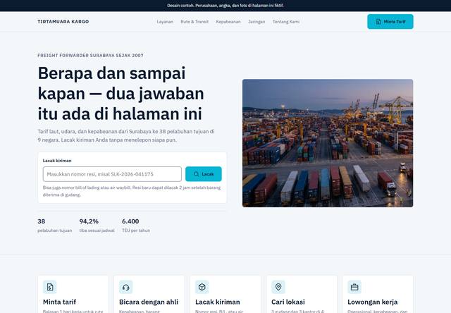 Tangkapan layar bagian atas rancangan company profile untuk Logistik dan freight forwarder