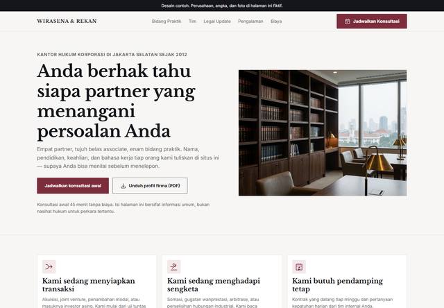 Tangkapan layar bagian atas rancangan company profile untuk Kantor hukum dan konsultan