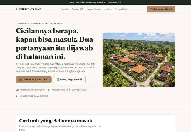 Tangkapan layar bagian atas rancangan company profile untuk Properti dan developer