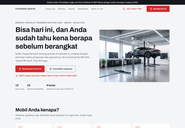 Tangkapan layar bagian atas rancangan company profile untuk Otomotif dan bengkel