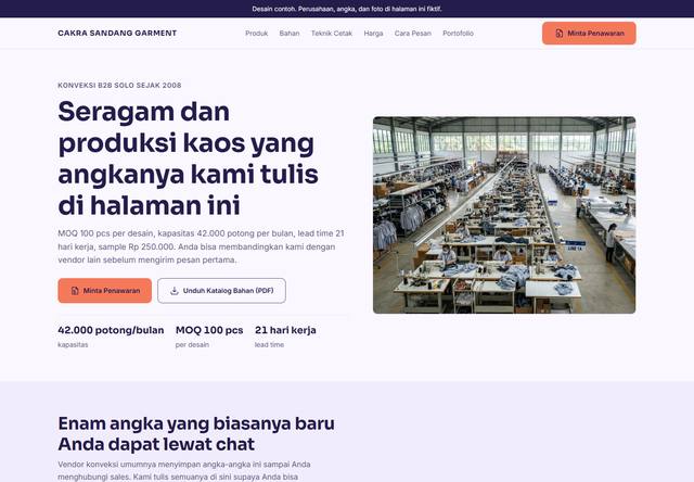 Tangkapan layar bagian atas rancangan company profile untuk Konveksi dan garmen
