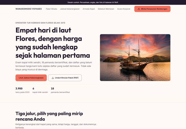 Tangkapan layar bagian atas rancangan company profile untuk Travel dan event organizer