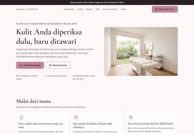 Tangkapan layar bagian atas rancangan company profile untuk Klinik kecantikan