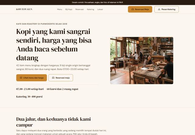 Tangkapan layar bagian atas rancangan company profile untuk Kafe dan katering
