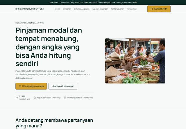 Tangkapan layar bagian atas rancangan company profile untuk Koperasi dan BPR
